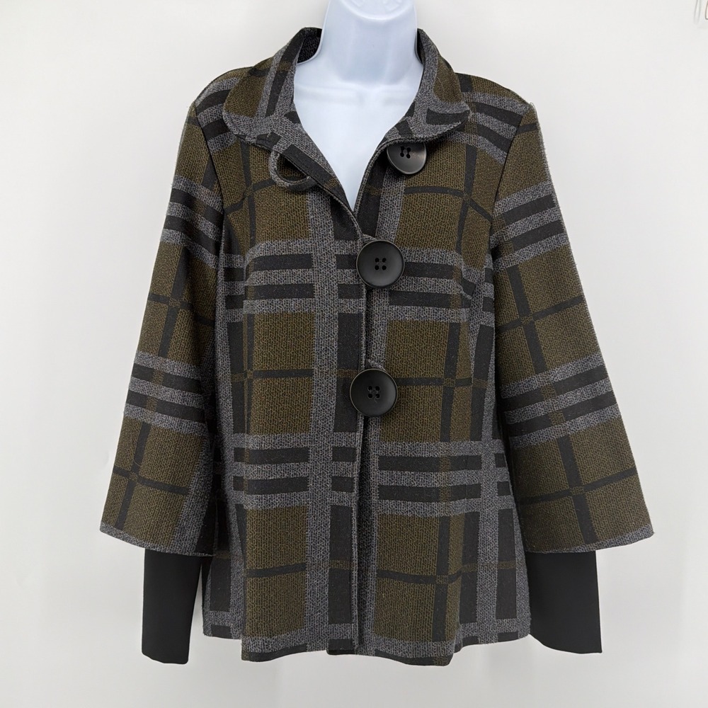 Joseph Ribkoff Plaid Knit Jacket Size 12 Green Grey Statement Button Swing Coat
